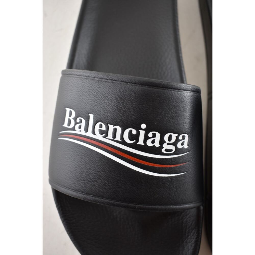 Balenciaga Black Leather Campaign Logo Slide Pool Sandal Flip Flop Flat 44 11 - Picture 8 of 15